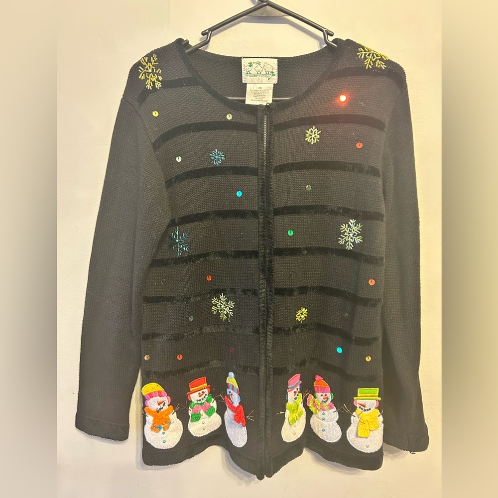 Quacker Factory Vintage Christmas Snowman Snowflakes Sequins Black Sweater Sz XS